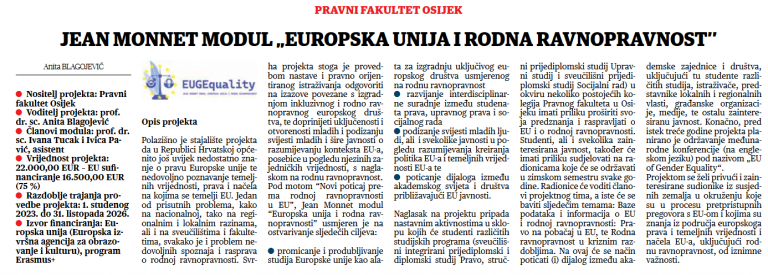 Jean Monnet Module EUGEquality presented in Sveučilišni glasnik